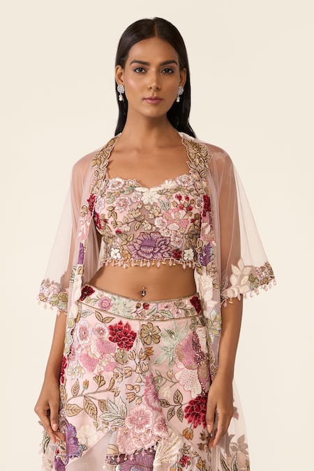Varun Bahl_Pink Organza Beads, Sequins Embroidered Asymmetric Skirt Set With Cape _at_Aza_Fashions