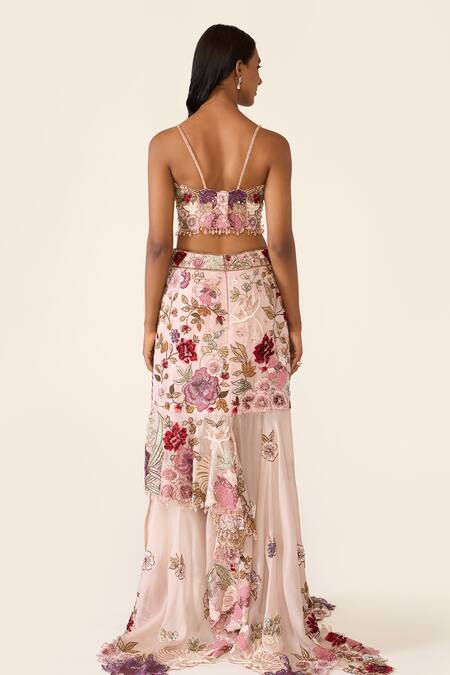 Buy_Varun Bahl_Pink Organza Beads, Sequins Embroidered Asymmetric Skirt Set With Cape 