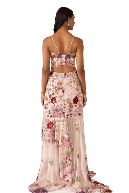 Shop_Varun Bahl_Pink Organza Beads, Sequins Embroidered Asymmetric Skirt Set With Cape 