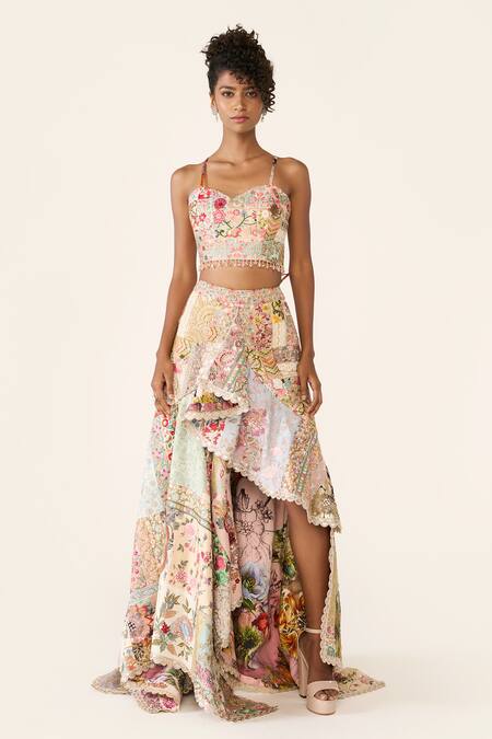 Varun Bahl_Multi Color , Satin Beads, Patchwork Embroidered Asymmetric Skirt Set _Online_at_Aza_Fashions