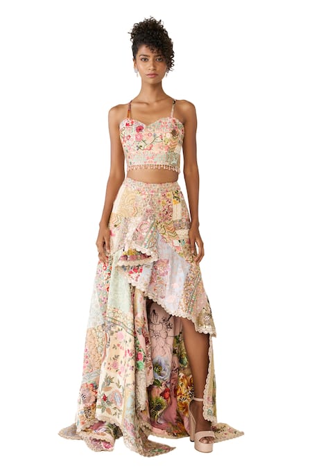 Buy_Varun Bahl_Multi Color , Satin Beads, Patchwork Embroidered Asymmetric Skirt Set _Online_at_Aza_Fashions