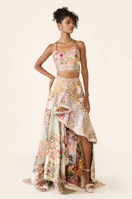 Shop_Varun Bahl_Multi Color , Satin Beads, Patchwork Embroidered Asymmetric Skirt Set _Online_at_Aza_Fashions