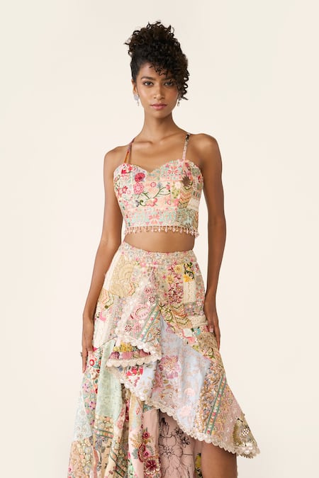 Varun Bahl_Multi Color , Satin Beads, Patchwork Embroidered Asymmetric Skirt Set _at_Aza_Fashions