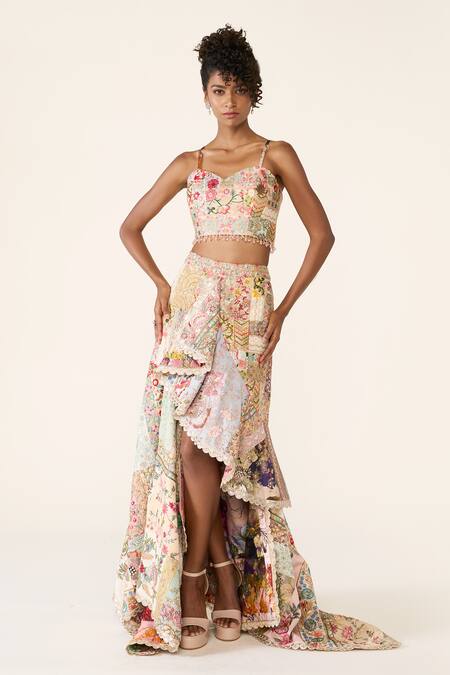 Buy_Varun Bahl_Multi Color , Satin Beads, Patchwork Embroidered Asymmetric Skirt Set 