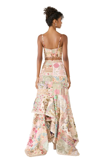 Shop_Varun Bahl_Multi Color , Satin Beads, Patchwork Embroidered Asymmetric Skirt Set 