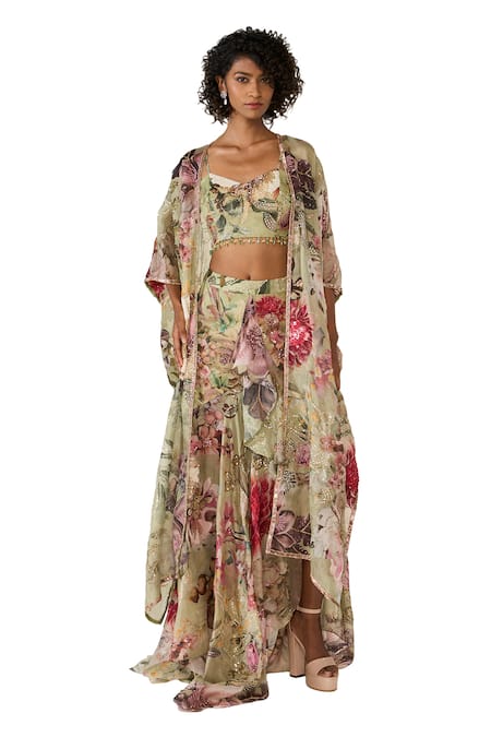 Varun Bahl_Green Floral Print And Embroidered Cape _Online_at_Aza_Fashions