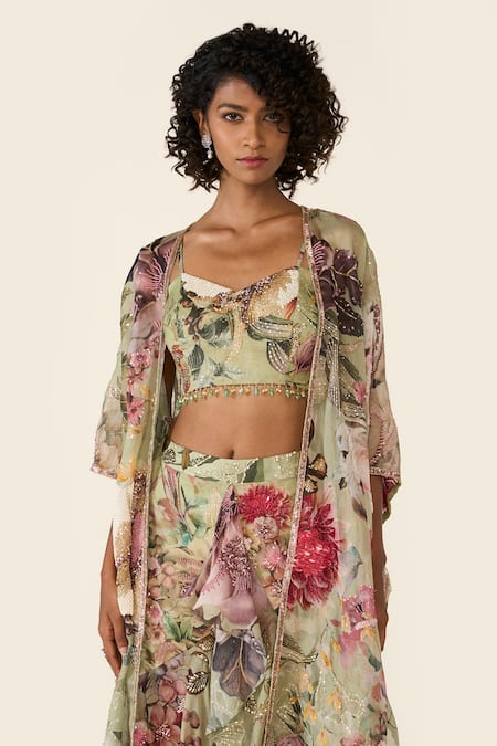 Buy_Varun Bahl_Green Floral Print And Embroidered Cape _Online_at_Aza_Fashions