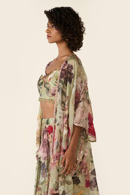 Shop_Varun Bahl_Green Floral Print And Embroidered Cape _Online_at_Aza_Fashions