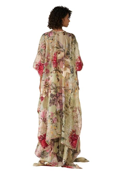 Buy_Varun Bahl_Green Floral Print And Embroidered Cape 
