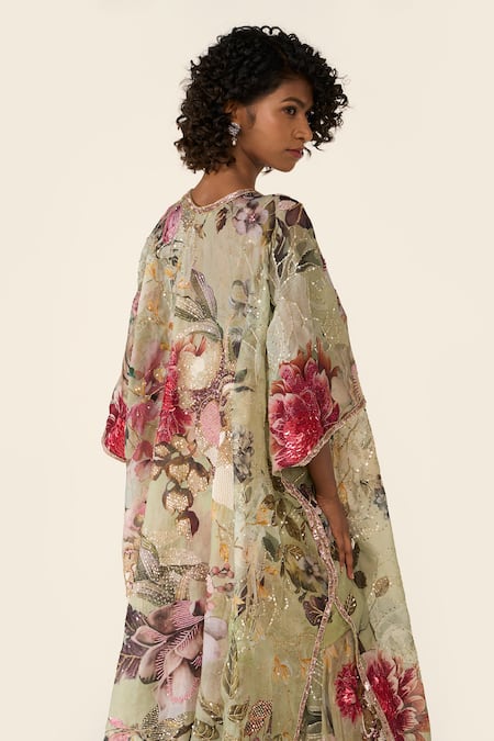 Shop_Varun Bahl_Green Floral Print And Embroidered Cape 