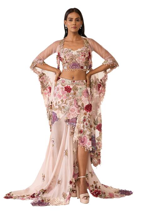 Varun Bahl_Pink Net Embroidered Thread Work Front Open Floral Cape  _Online_at_Aza_Fashions