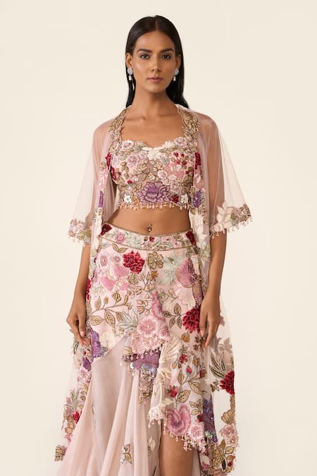 Buy_Varun Bahl_Pink Net Embroidered Thread Work Front Open Floral Cape  _Online_at_Aza_Fashions