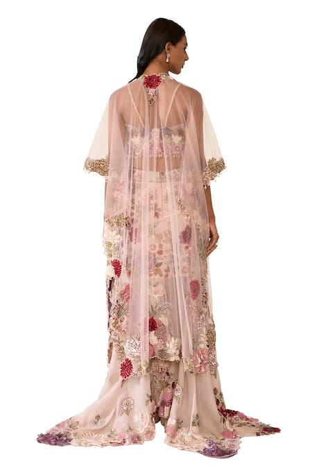 Shop_Varun Bahl_Pink Net Embroidered Thread Work Front Open Floral Cape  _Online_at_Aza_Fashions