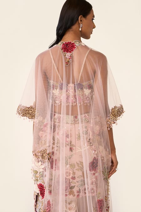 Varun Bahl_Pink Net Embroidered Thread Work Front Open Floral Cape  _at_Aza_Fashions