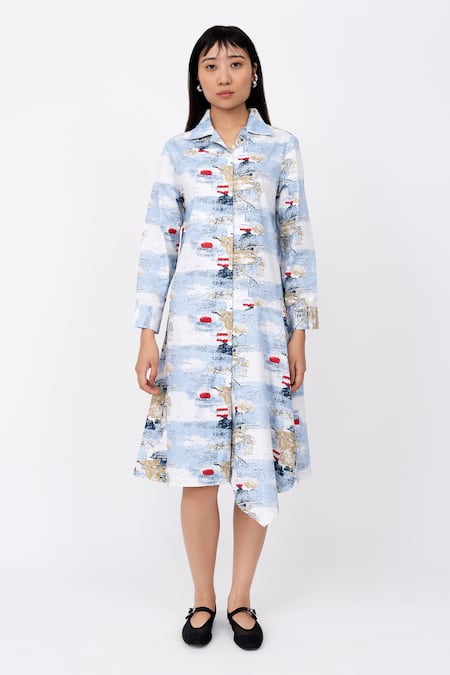 Leh Studios Multi Color 100% Cotton Print Abstract Canvas Spread Slide Shirt Dress 