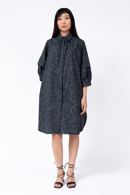 Leh Studios Abstract Leaf Print Fence Shirt Dress 