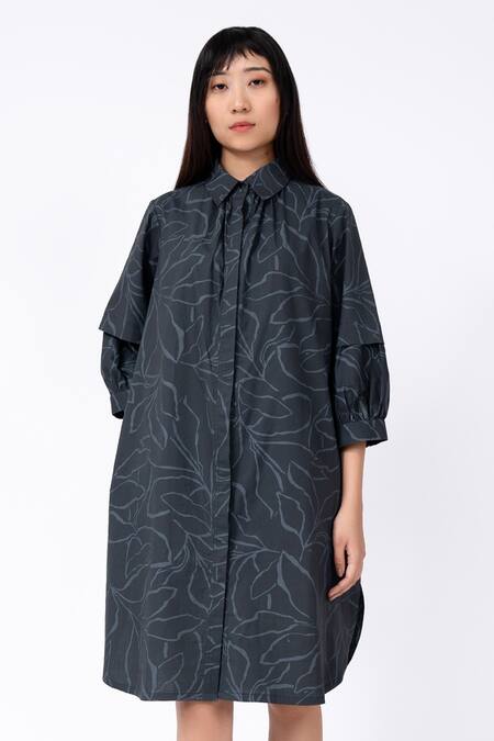 Leh Studios_Black Cotton Collared Abstract Leaf Print Fence Shirt Dress_Online_at_Aza_Fashions