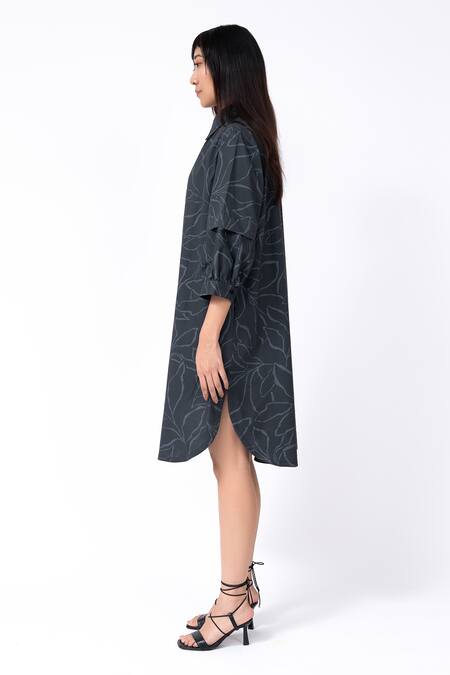 Buy_Leh Studios_Black Cotton Collared Abstract Leaf Print Fence Shirt Dress_Online_at_Aza_Fashions