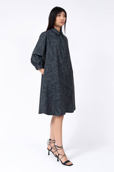 Shop_Leh Studios_Black Cotton Collared Abstract Leaf Print Fence Shirt Dress_Online_at_Aza_Fashions