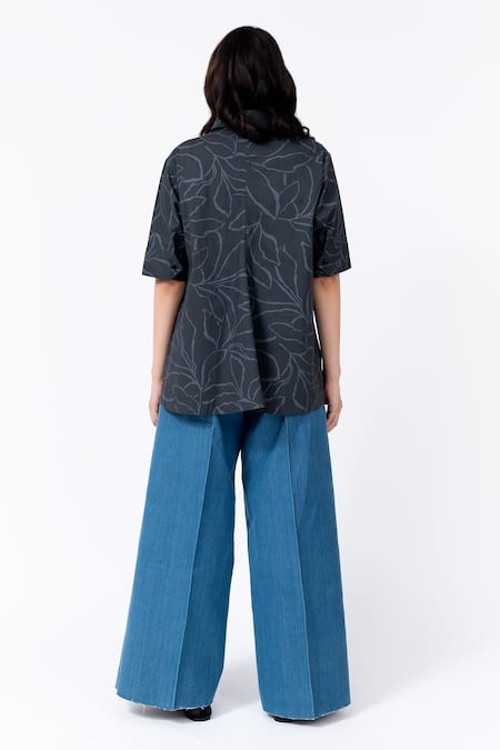 Shop Leh Studios Black Cotton Embroidery Collared Abstract Leaf Print Slide Shirt at Aza Fashions Shop_Leh Studios_Black Cotton Embroidery Collared Abstract Leaf Print Slide Shirt_at_Aza_Fashions