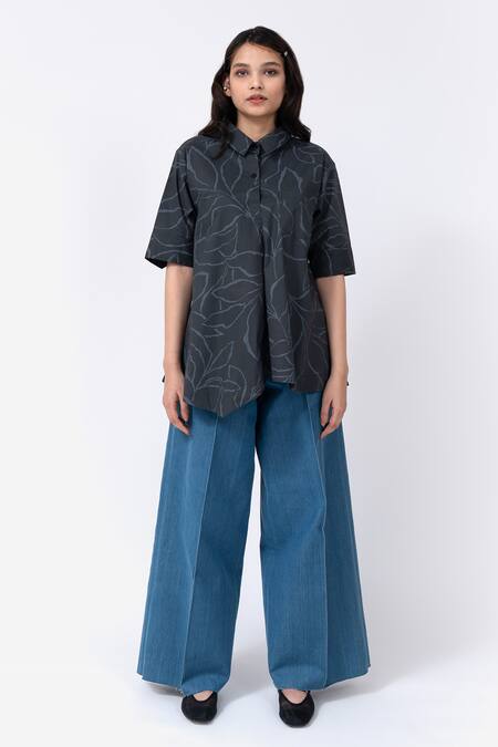 Leh Studios Black Cotton Embroidery Collared Abstract Leaf Print Slide Shirt Online at Aza Fashions Leh Studios_Black Cotton Embroidery Collared Abstract Leaf Print Slide Shirt_Online_at_Aza_Fashions