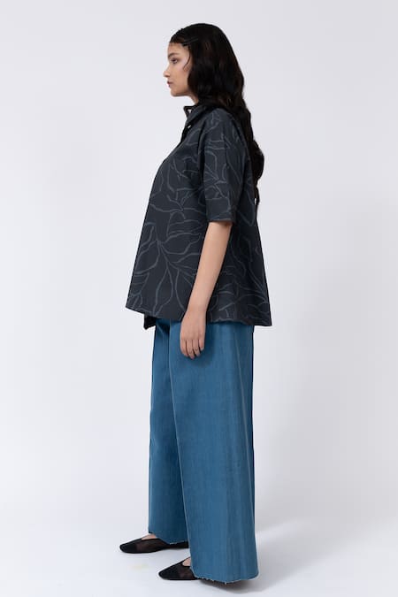 Buy Leh Studios Black Cotton Embroidery Collared Abstract Leaf Print Slide Shirt Online at Aza Fashions Buy_Leh Studios_Black Cotton Embroidery Collared Abstract Leaf Print Slide Shirt_Online_at_Aza_Fashions