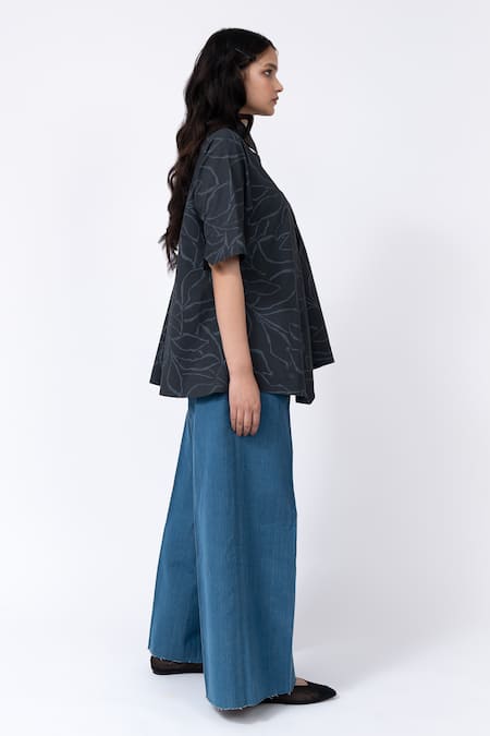 Shop Leh Studios Black Cotton Embroidery Collared Abstract Leaf Print Slide Shirt Online at Aza Fashions Shop_Leh Studios_Black Cotton Embroidery Collared Abstract Leaf Print Slide Shirt_Online_at_Aza_Fashions