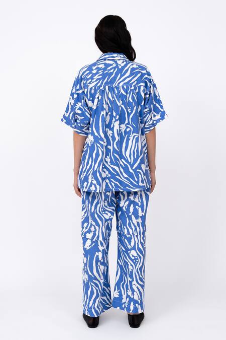 Shop_Leh Studios_Blue Linen Piping Collared Wave Print Shell Shirt _at_Aza_Fashions