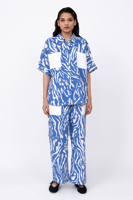 Leh Studios_Blue Linen Piping Collared Wave Print Shell Shirt _Online_at_Aza_Fashions