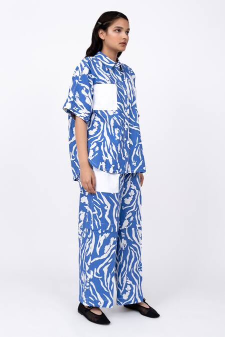 Shop_Leh Studios_Blue Linen Piping Collared Wave Print Shell Shirt _Online_at_Aza_Fashions