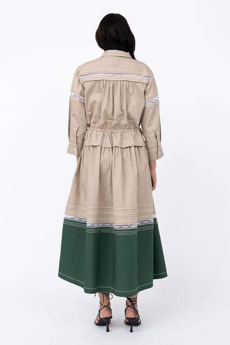 Shop Leh Studios Beige Cotton Lace Collared Channel Embellished Shirt Dress at Aza Fashions Shop_Leh Studios_Beige Cotton Lace Collared Channel Embellished Shirt Dress_at_Aza_Fashions