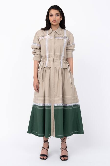 Buy Leh Studios Beige Cotton Lace Collared Channel Embellished Shirt Dress Online at Aza Fashions Buy_Leh Studios_Beige Cotton Lace Collared Channel Embellished Shirt Dress_Online_at_Aza_Fashions