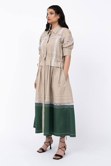 Shop Leh Studios Beige Cotton Lace Collared Channel Embellished Shirt Dress Online at Aza Fashions Shop_Leh Studios_Beige Cotton Lace Collared Channel Embellished Shirt Dress_Online_at_Aza_Fashions