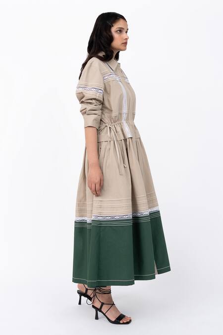 Leh Studios Beige Cotton Lace Collared Channel Embellished Shirt Dress at Aza Fashions Leh Studios_Beige Cotton Lace Collared Channel Embellished Shirt Dress_at_Aza_Fashions