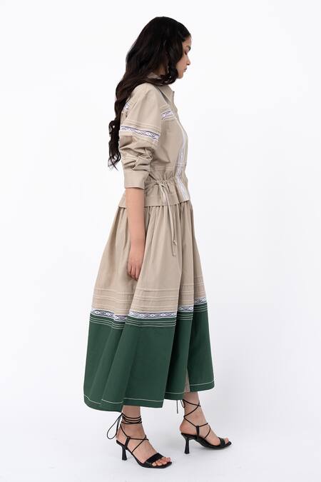 Buy Leh Studios Beige Cotton Lace Collared Channel Embellished Shirt Dress Buy_Leh Studios_Beige Cotton Lace Collared Channel Embellished Shirt Dress