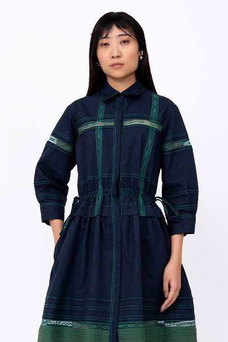 Leh Studios_Blue Cotton Lace Collared Channel Embellished Pintucked Shirt Dress_Online_at_Aza_Fashions