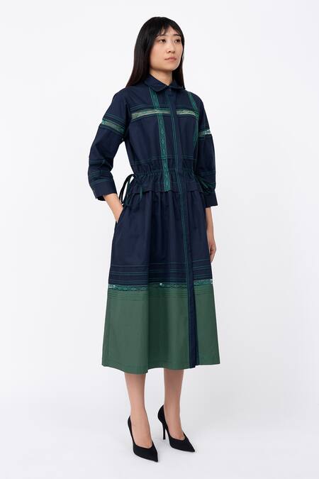 Buy_Leh Studios_Blue Cotton Lace Collared Channel Embellished Pintucked Shirt Dress_Online_at_Aza_Fashions