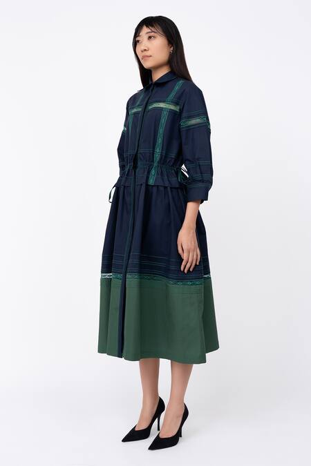 Shop_Leh Studios_Blue Cotton Lace Collared Channel Embellished Pintucked Shirt Dress_Online_at_Aza_Fashions