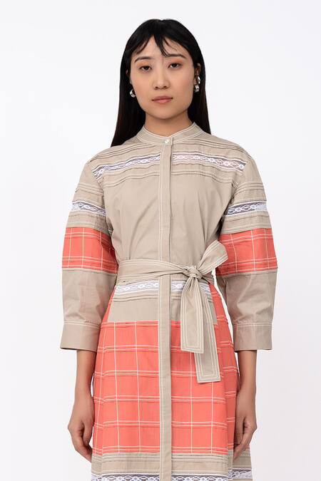 Leh Studios_Beige Cotton Lace Mandarin Collar Channel Embellished Hanker Shirt Dress_Online_at_Aza_Fashions