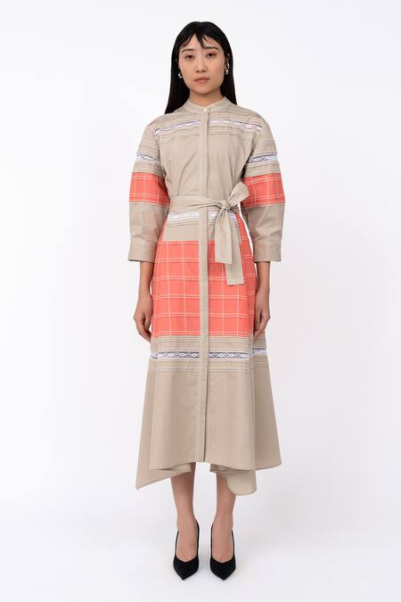 Buy_Leh Studios_Beige Cotton Lace Mandarin Collar Channel Embellished Hanker Shirt Dress_Online_at_Aza_Fashions