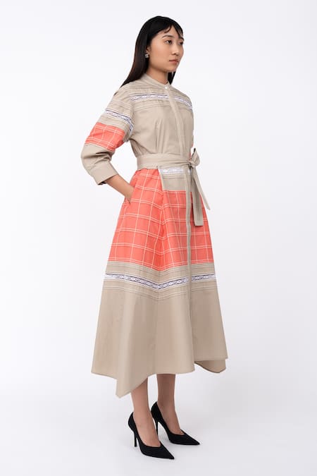 Shop_Leh Studios_Beige Cotton Lace Mandarin Collar Channel Embellished Hanker Shirt Dress_Online_at_Aza_Fashions