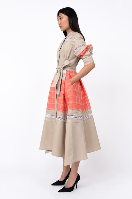 Leh Studios_Beige Cotton Lace Mandarin Collar Channel Embellished Hanker Shirt Dress_at_Aza_Fashions