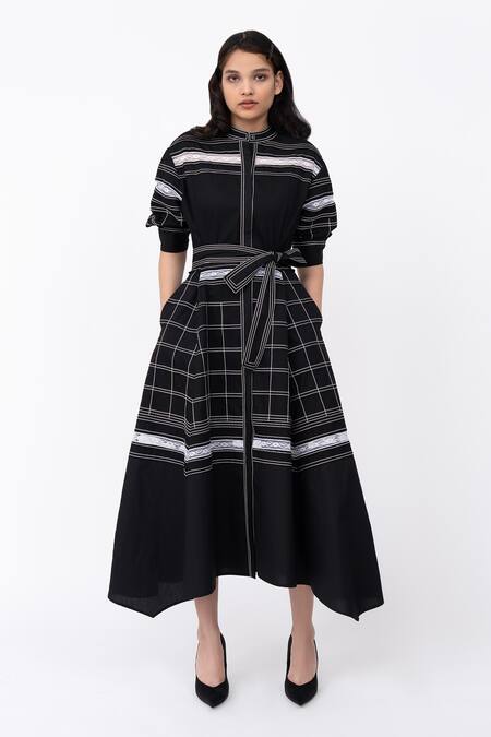 Buy_Leh Studios_Black Cotton Lace Mandarin Channel Embellished Pintucked Hanker Shirt Dress_Online_at_Aza_Fashions