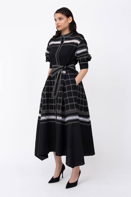 Shop_Leh Studios_Black Cotton Lace Mandarin Channel Embellished Pintucked Hanker Shirt Dress_Online_at_Aza_Fashions