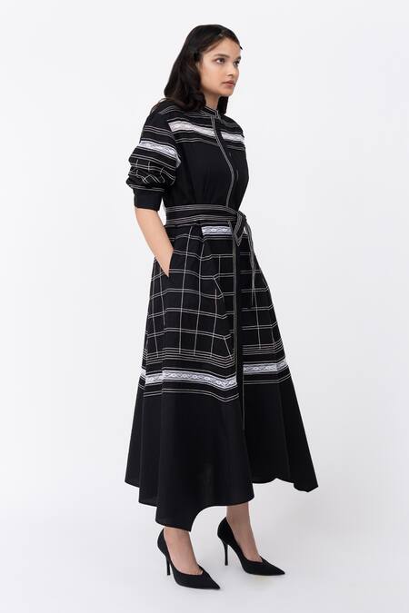 Leh Studios_Black Cotton Lace Mandarin Channel Embellished Pintucked Hanker Shirt Dress_at_Aza_Fashions