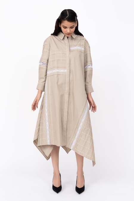 Leh Studios Beige 100% Cotton Embellished Channel Pintucked Hanker Shirt Dress 