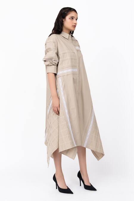 Shop Leh Studios Beige Cotton Lace Collared Puffed Sleeve Asymmetric Shirt Dress at Aza Fashions Shop_Leh Studios_Beige Cotton Lace Collared Puffed Sleeve Asymmetric Shirt Dress_at_Aza_Fashions