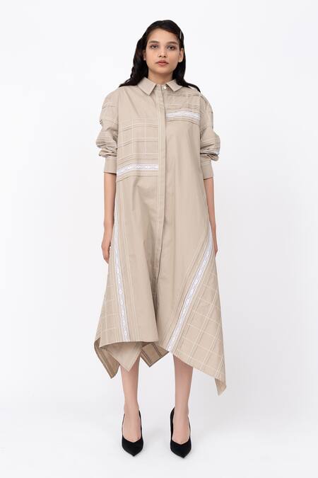 Leh Studios Beige Cotton Lace Collared Puffed Sleeve Asymmetric Shirt Dress Online at Aza Fashions Leh Studios_Beige Cotton Lace Collared Puffed Sleeve Asymmetric Shirt Dress_Online_at_Aza_Fashions