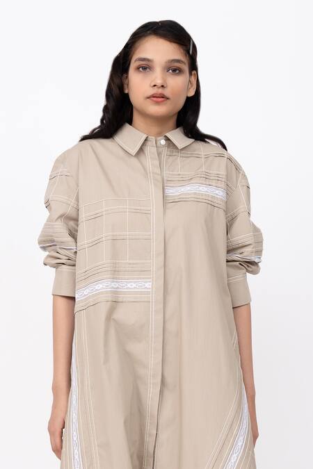 Buy Leh Studios Beige Cotton Lace Collared Puffed Sleeve Asymmetric Shirt Dress Online at Aza Fashions Buy_Leh Studios_Beige Cotton Lace Collared Puffed Sleeve Asymmetric Shirt Dress_Online_at_Aza_Fashions