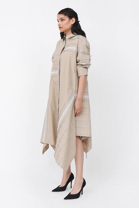 Shop Leh Studios Beige Cotton Lace Collared Puffed Sleeve Asymmetric Shirt Dress Online at Aza Fashions Shop_Leh Studios_Beige Cotton Lace Collared Puffed Sleeve Asymmetric Shirt Dress_Online_at_Aza_Fashions